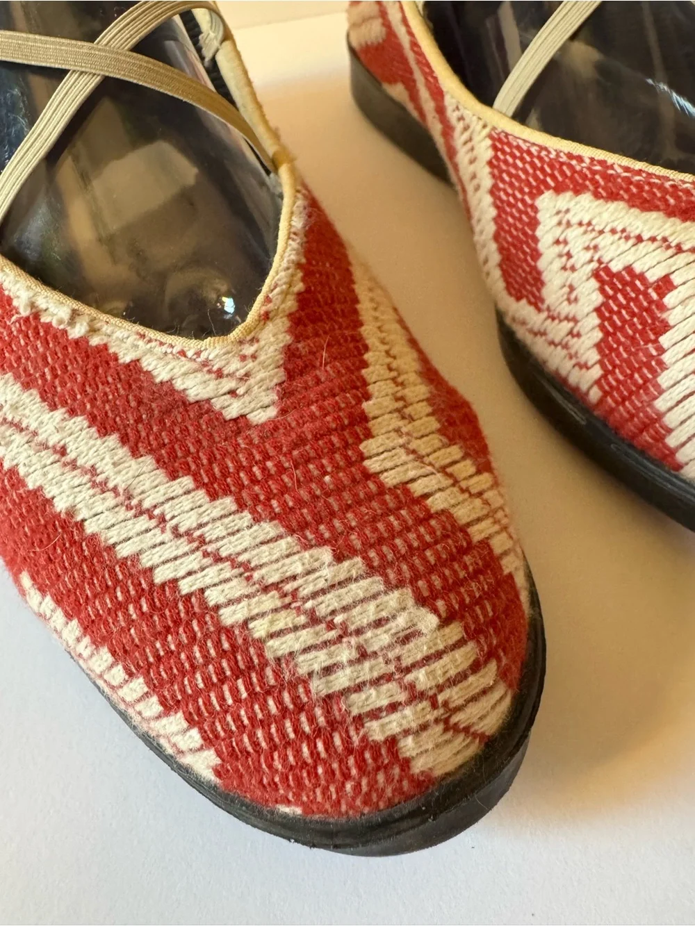 Apropos Women's 9 Flats Ballet Shoes Slip On Red and White Woven Tapestry Design